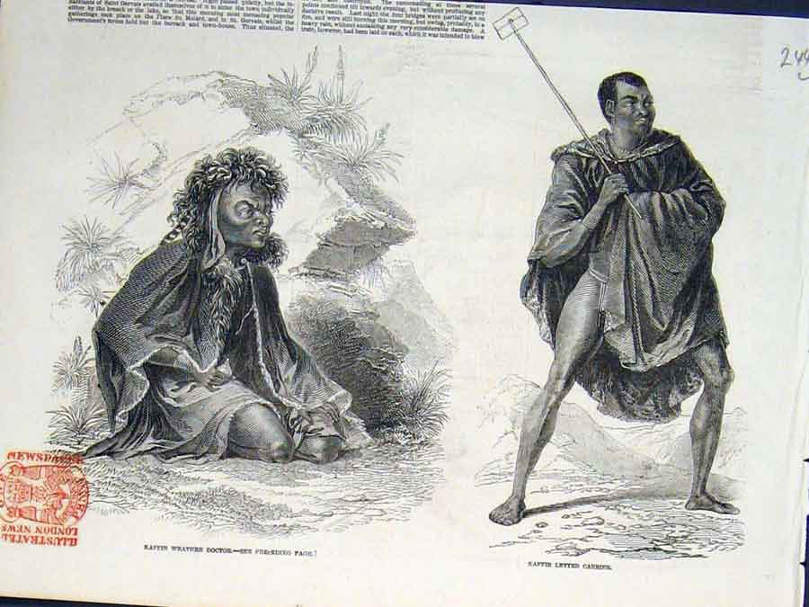 Original Old Antique Print Kaffir Weather Doctor Letter Carrier Africa 1846