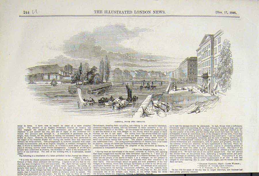 Original Old Antique Print Geneva Bergue Switzerland 1846 19th