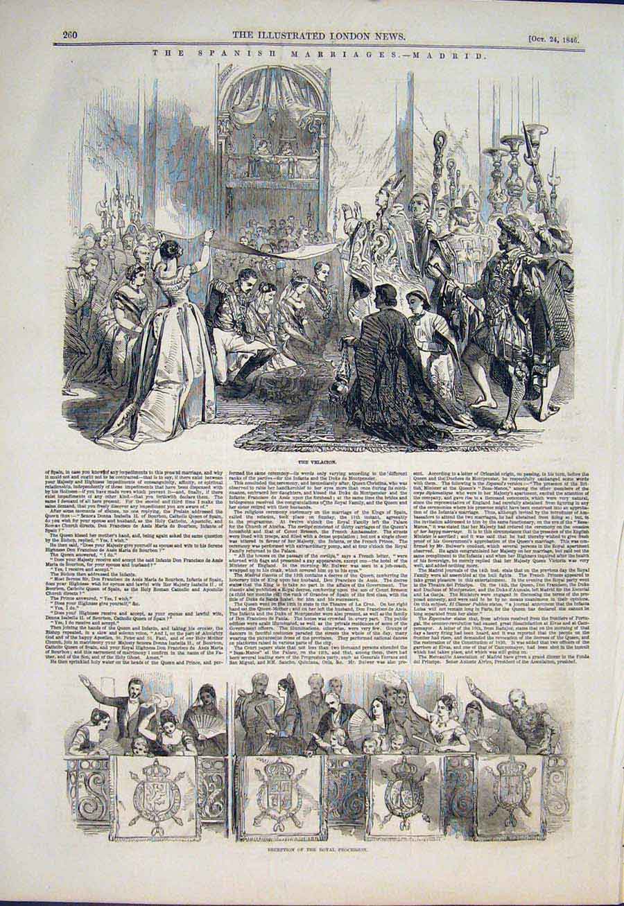 Old Antique Print Madrid Spain Marriages Spanish Velacion Procession 1846 19th
