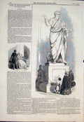 Original Old Antique Print Marble Statue O'Connell Exchange Dublin Ireland 1846
