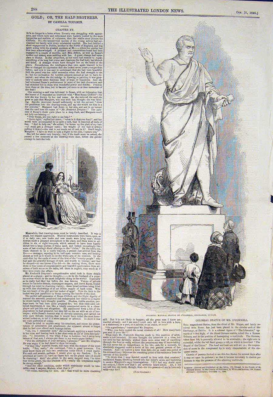 Original Old Antique Print Marble Statue O'Connell Exchange Dublin Ireland 1846