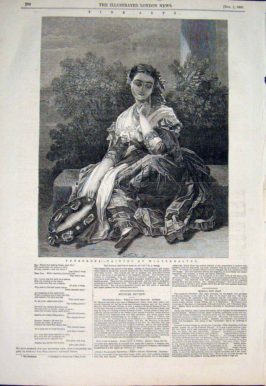 Original Old Antique Print Penserosa Winterhalter Lady Fine Art 1846 Victorian