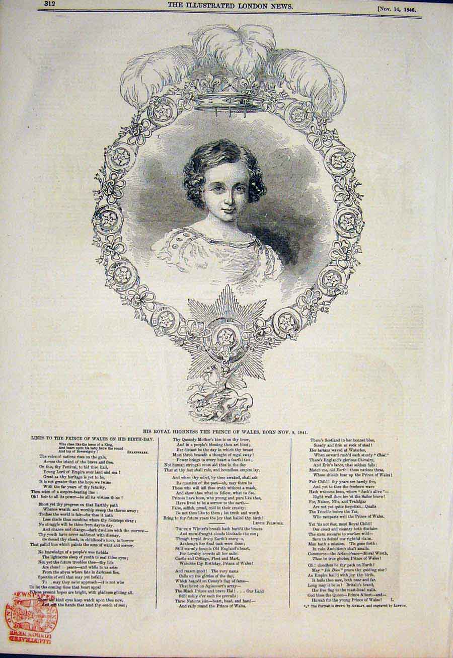 Original Old Antique Print Portrait Royal Prince Wales Fine Art 1846 Child 19th