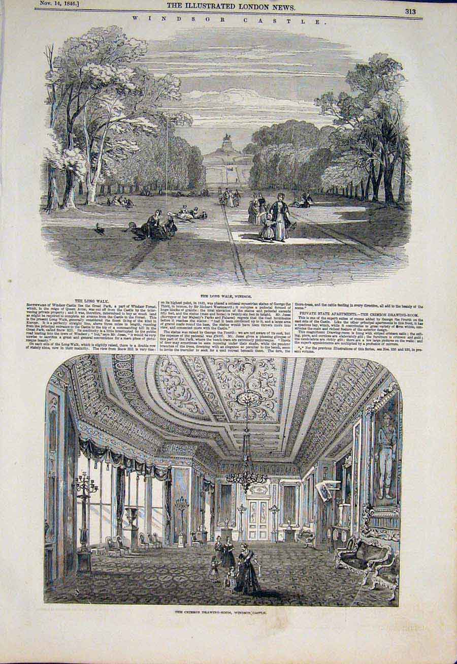Original Old Antique Print Windsor Csatle Crimson Drawing Room Walk Garden 1846