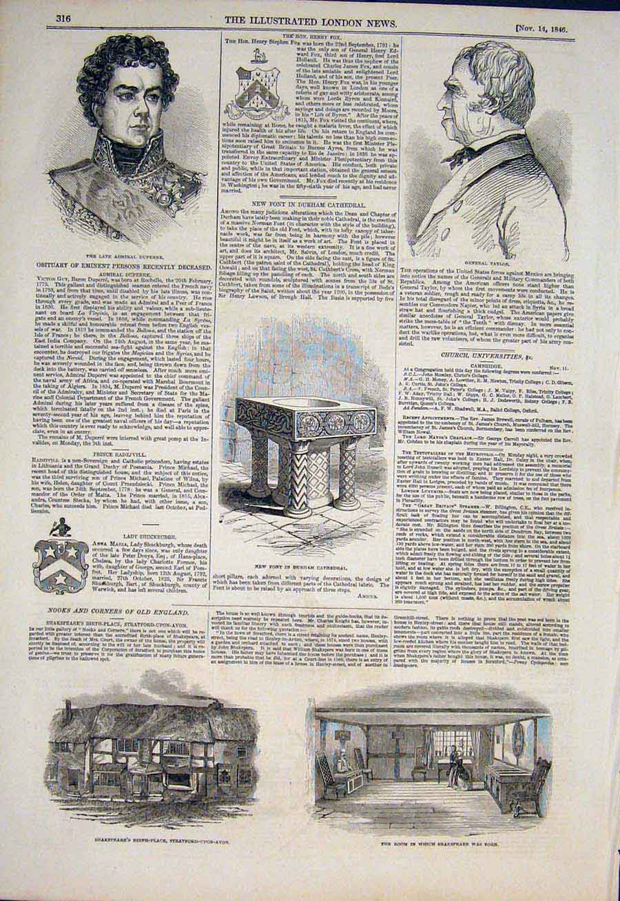 Original Old Antique Print Duperre Taylor Durham Stratford-Upon-Avon Shakespeare