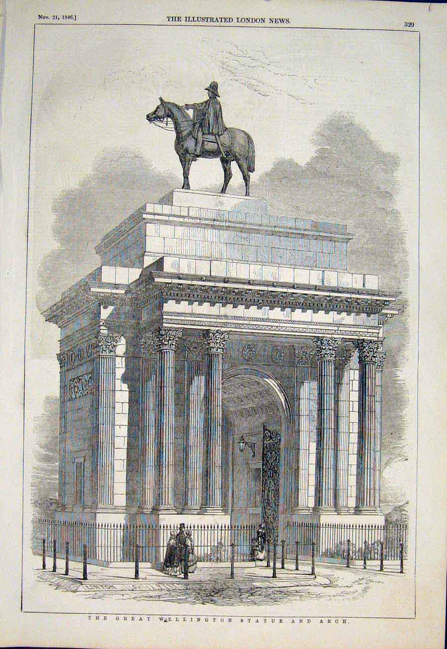Original Old Antique Print Wellingtons Staue Arch Green Park London 1846 19th