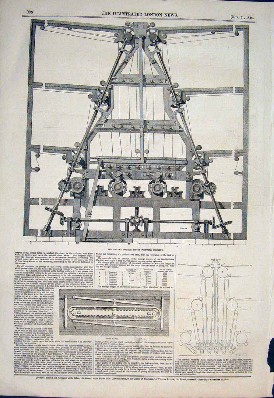 Original Old Antique Print Ptent Double Action Ing Machine Rack 1846 Victorian