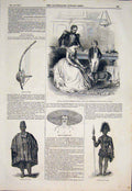 Original Old Antique Print Gazelle Denham Avon Ship Africa Guitar Hat War 1846