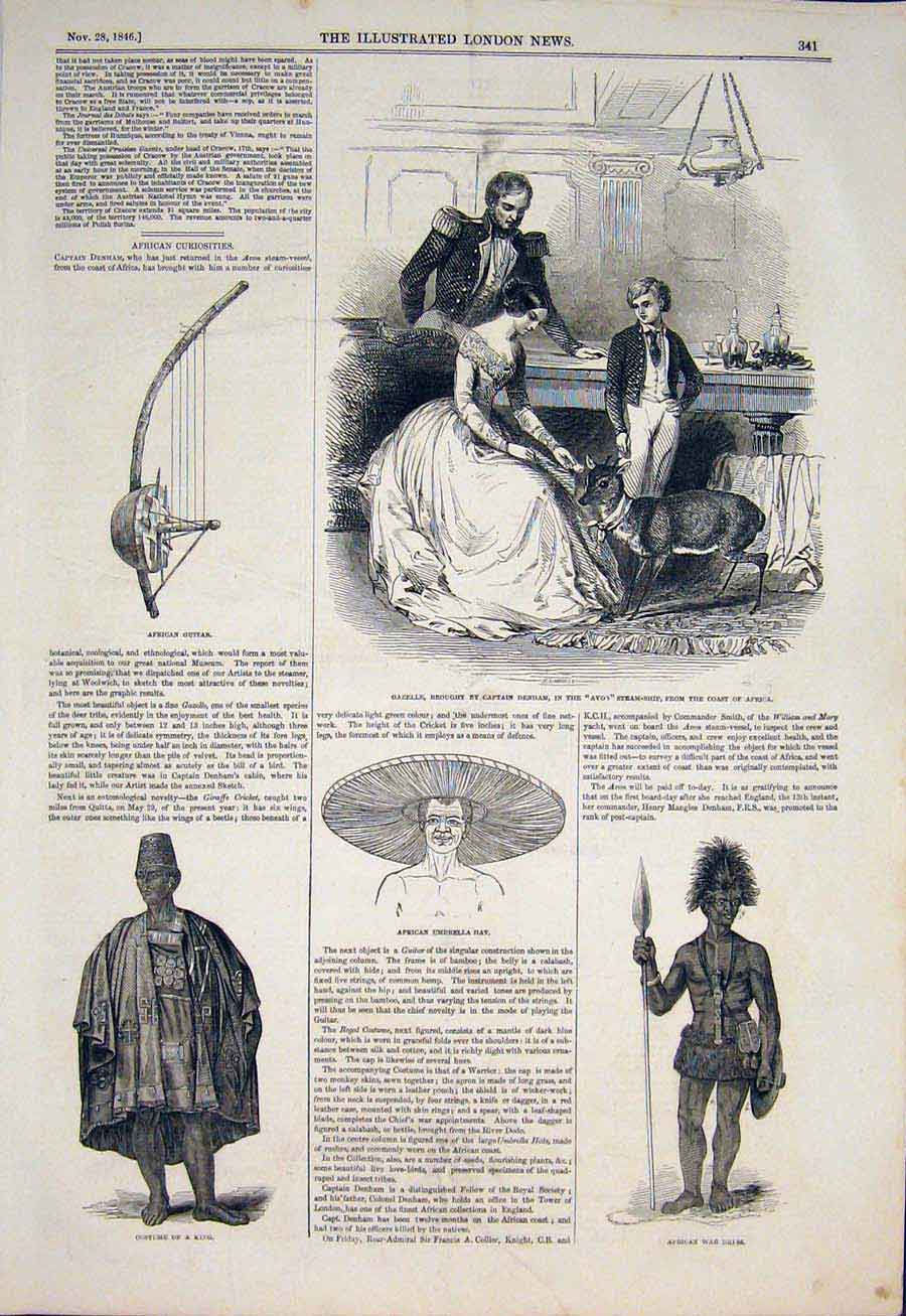 Original Old Antique Print Gazelle Denham Avon Ship Africa Guitar Hat War 1846