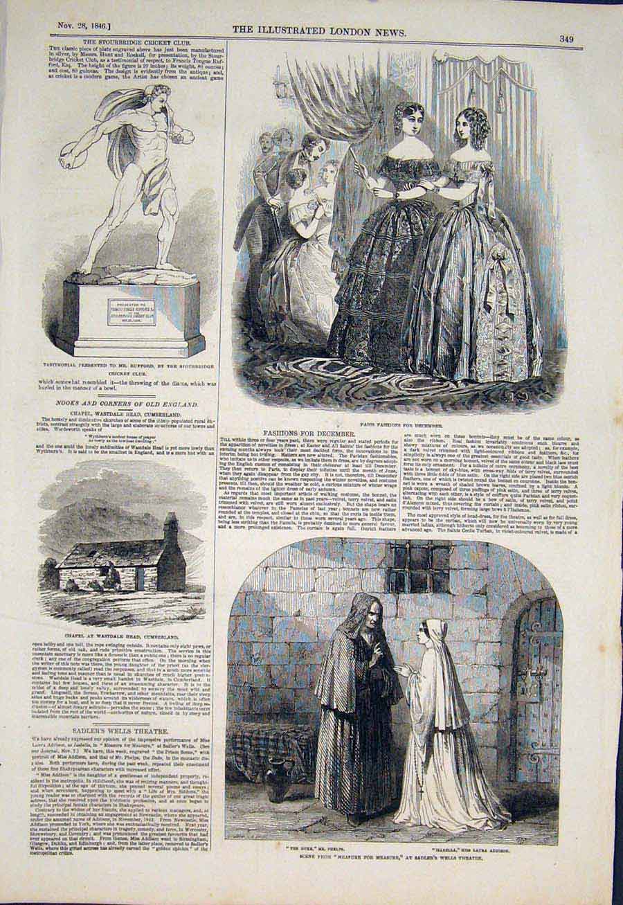 Old Antique Print Paris Fashion Chapelcumberland Rufford Cricket Theatre