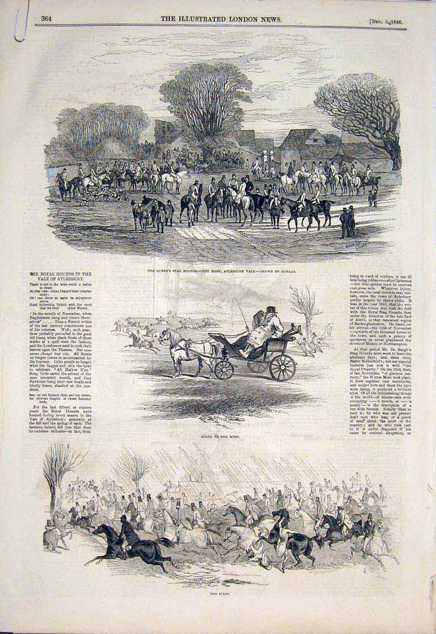 Original Old Antique Print Hunt Stag Royal Hounds Aylesbury Duncan Hunting 1846