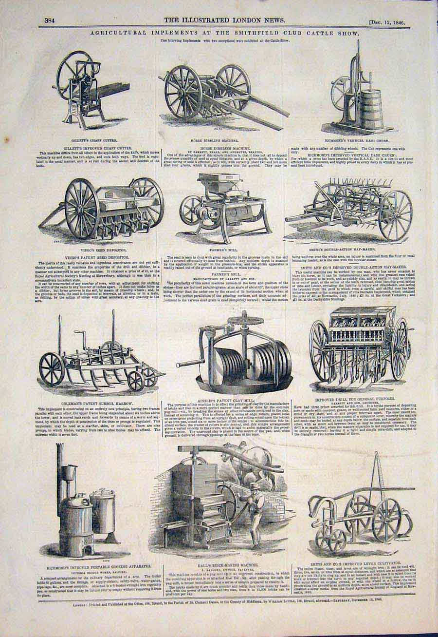 Original Old Antique Print Smithfield Club Cattle Show Agricultural Implements