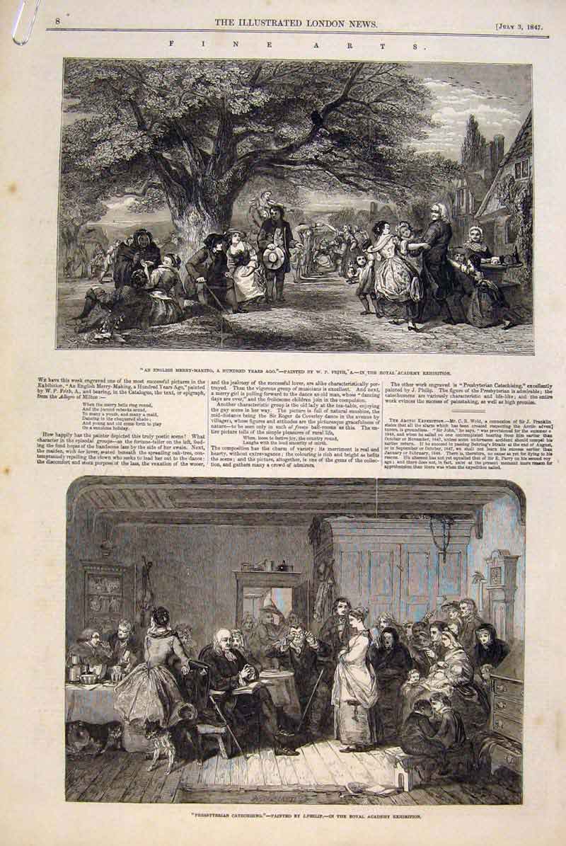 Original Old Antique Print Royal Academy Exhibition Fine Art 1847 Paintings
