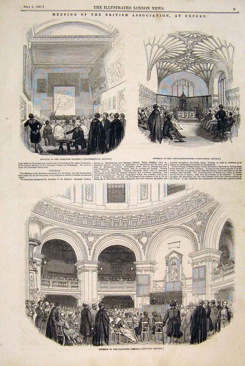 Original Old Antique Print Randolph Gallery Radcliffe Library Convocation 1847