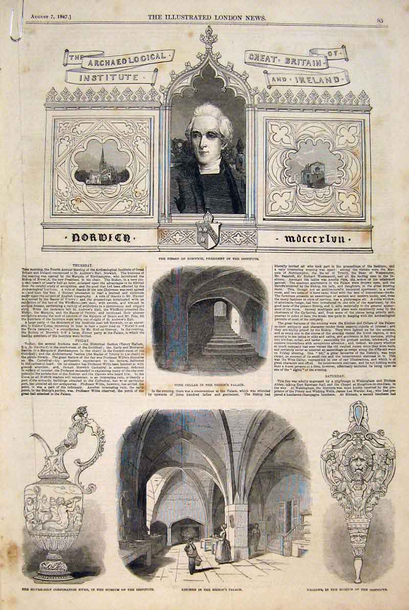 Old Antique Print Bishop Norwich Institute Archaeological Castle Museum