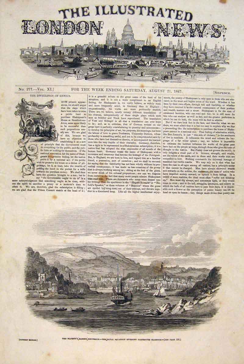 Original Old Antique Print Dartmouth Harbour Queen Royal Squadron Sea 1847 19th
