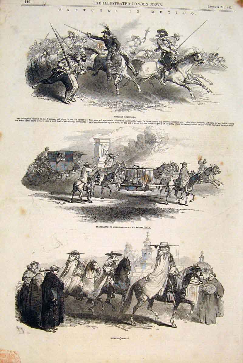 Old Antique Print Sketch Mexico Guerillas Priest Tesmalaucan Bridge 1847 19th