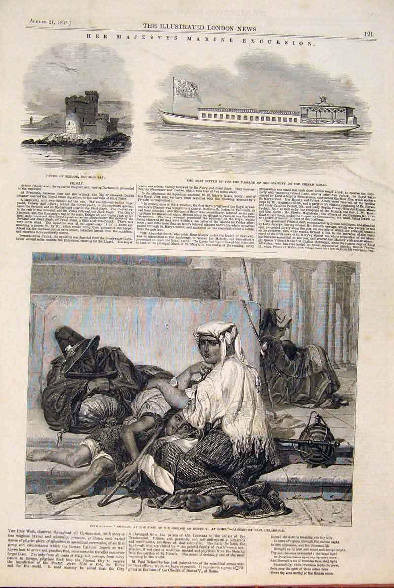 Original Old Antique Print Marine Excursion Tower Boat Sicilly Castle Delaroche