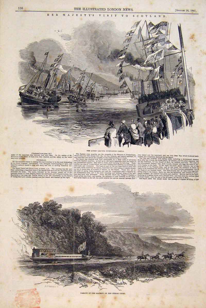 Original Old Antique Print Scotland Queen Dumbarton Castle Fingal Staffa Yacht