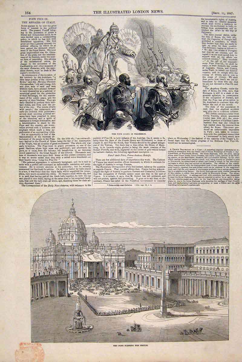 Original Old Antique Print Pope Procession Blessing Rome Italy Vatican 1847 19th