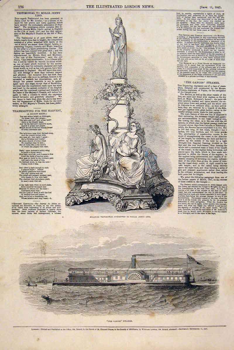 Old Antique Print Lind Testimonial Steamer Ganges Ship Boat Fine Art 1847 19th