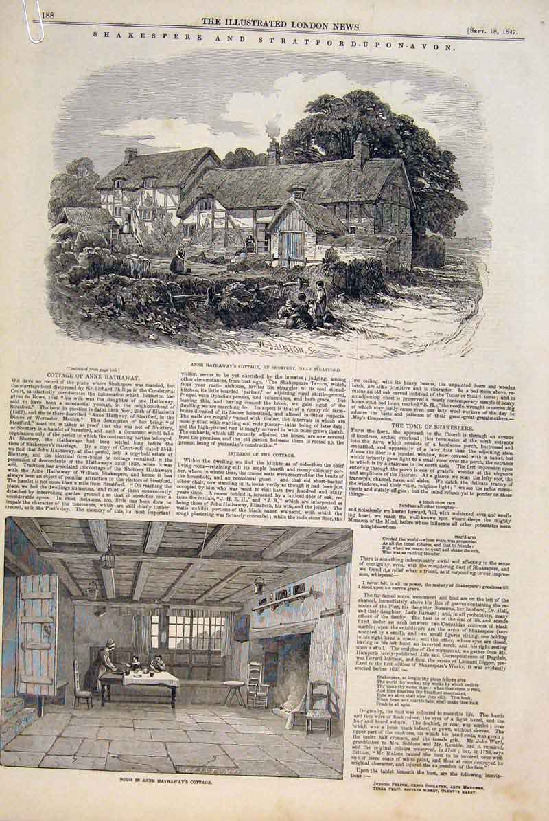 Old Antique Print Shakespeare Stratford Hathaway Cottage Lucy Church 1847 19th