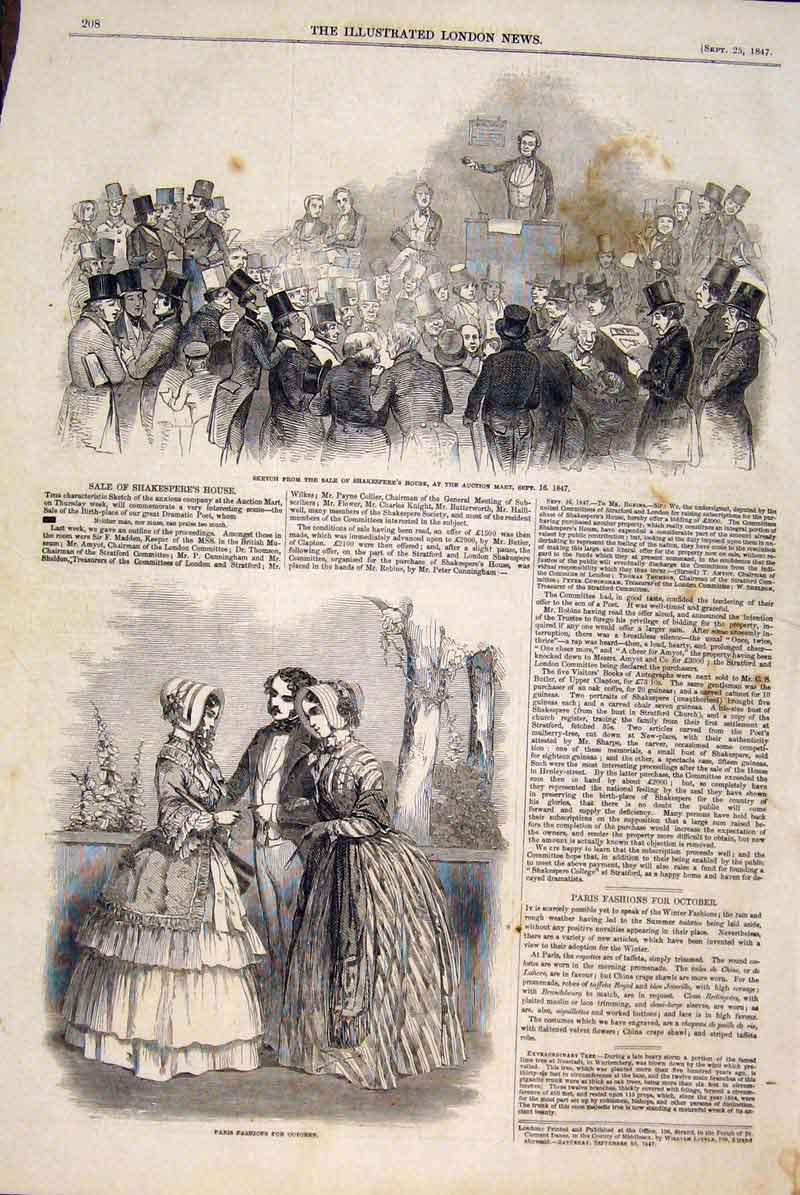 Original Old Antique Print Shakespere House Sketch Paris Fashion 1847 Victorian