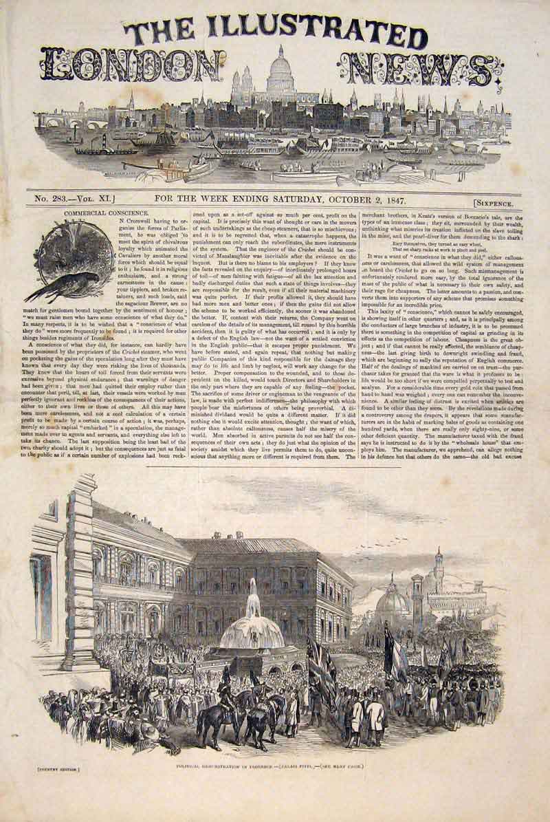 Original Old Antique Print Political Demonstration Florence Italy Italian 1847