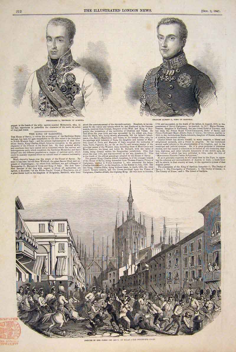 Old Antique Print Portrait Ferdinand Austria Albert Sardinia Milan Italy