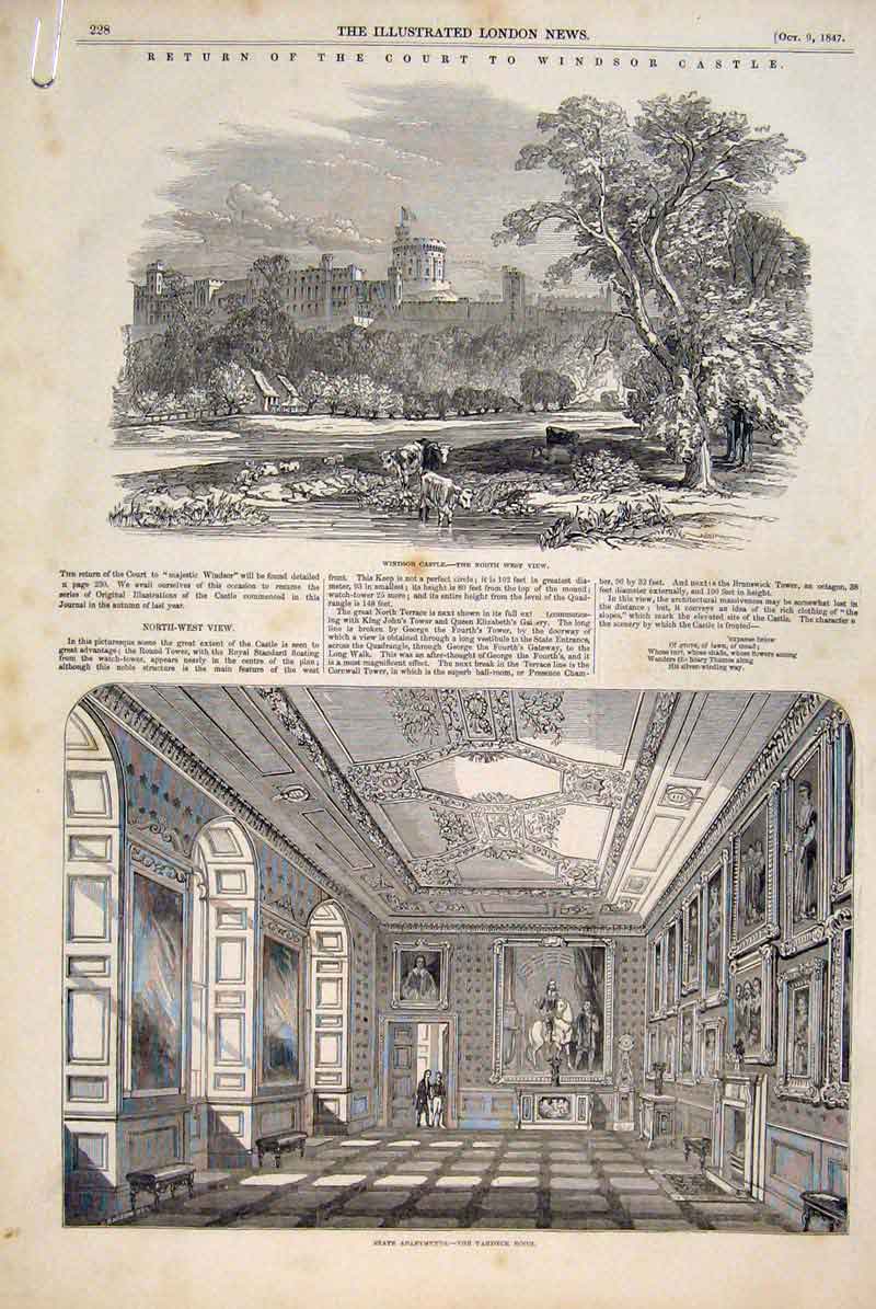 Original Old Antique Print Court Windsor Castle Vandyck Guard Chamber 1847 19th