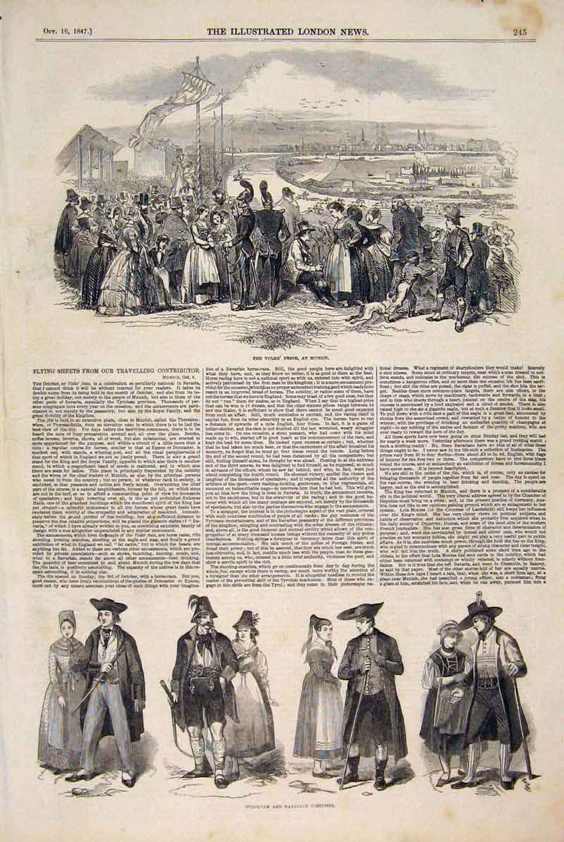 Original Old Antique Print Volks Feste Munich Germany Tyrolean Bavarian Costumes