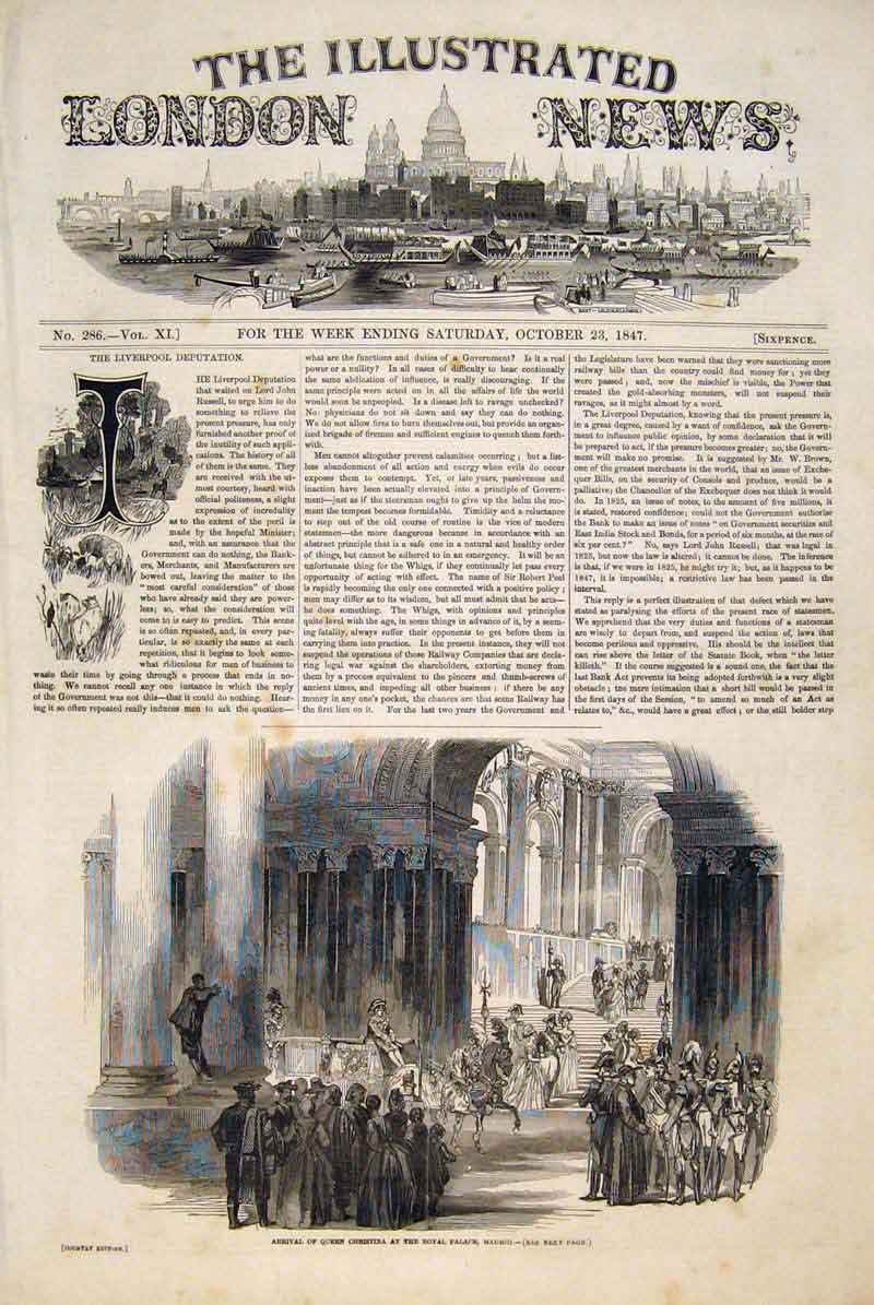 Original Old Antique Print Queen Christina Royal Palace Madrid Spain 1847 19th