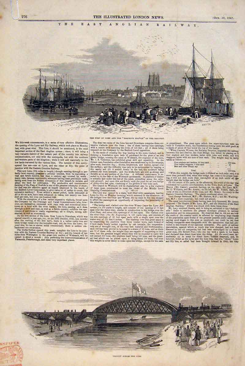 Original Old Antique Print Railway East Anglian Viaduct Lynn Ely Station 1847