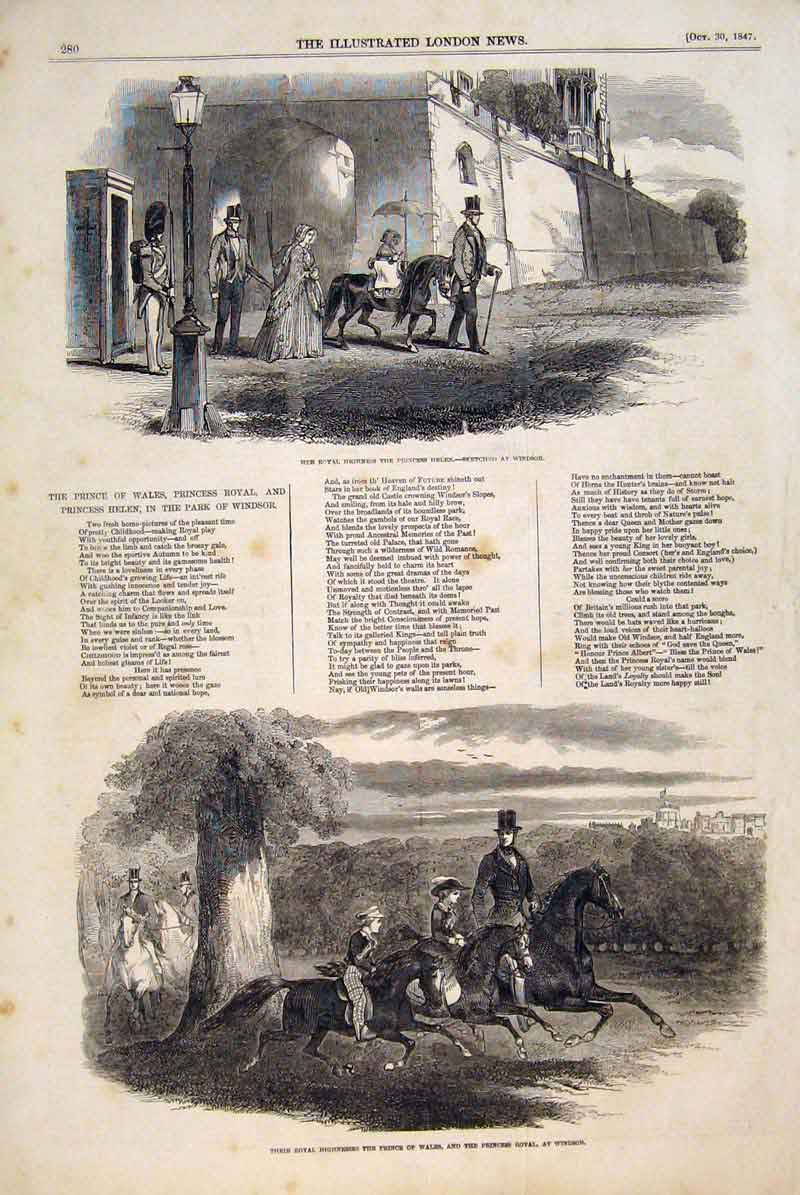Old Antique Print Princess Helen Windsor Prince Wales Horses London 1847 19th