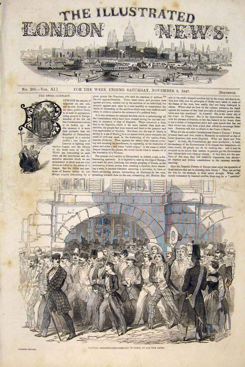 Original Old Antique Print Political Demonstration Sketch Berne Switzerland 1847