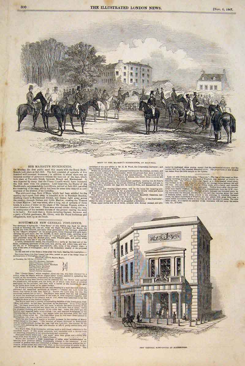 Original Old Antique Print Buckhounds Hounds General Post Office Nottingham 1847