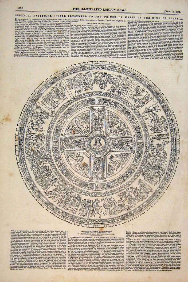 Original Old Antique Print Prussia King Prince Wales Baptismal Shield 1847 19th