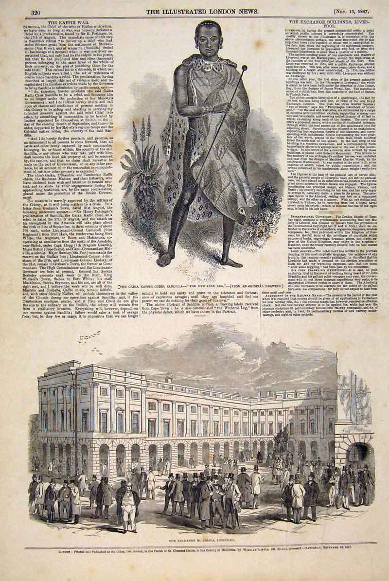 Original Old Antique Print Sandilla Gaika Kaffir Liverpool Exchange 1847 19th