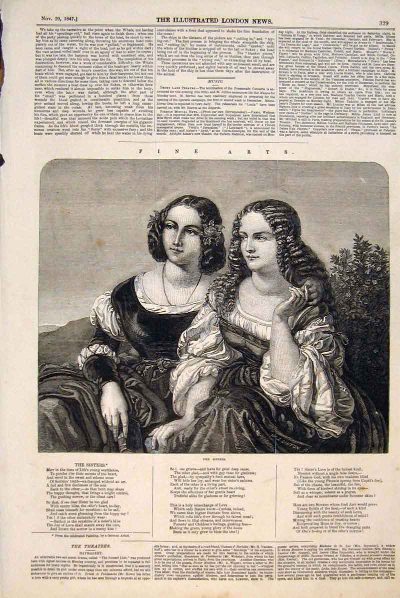 Old Antique Print Sisters Ladies Portrait German Artist Fine Art 1847 Pri 19th