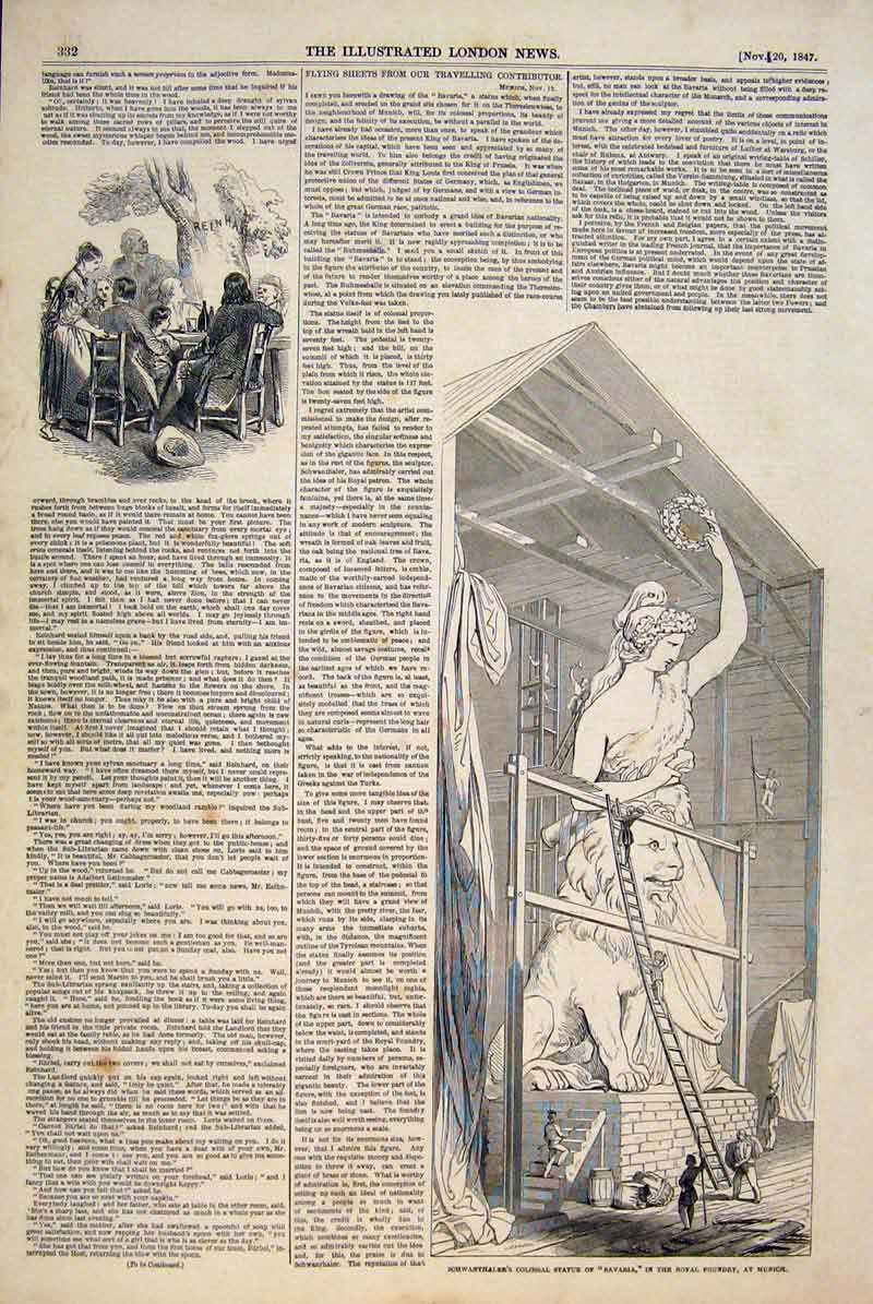 Old Antique Print Schwanthaler Statue Bavaria Foundry Munich Germany 1847 19th