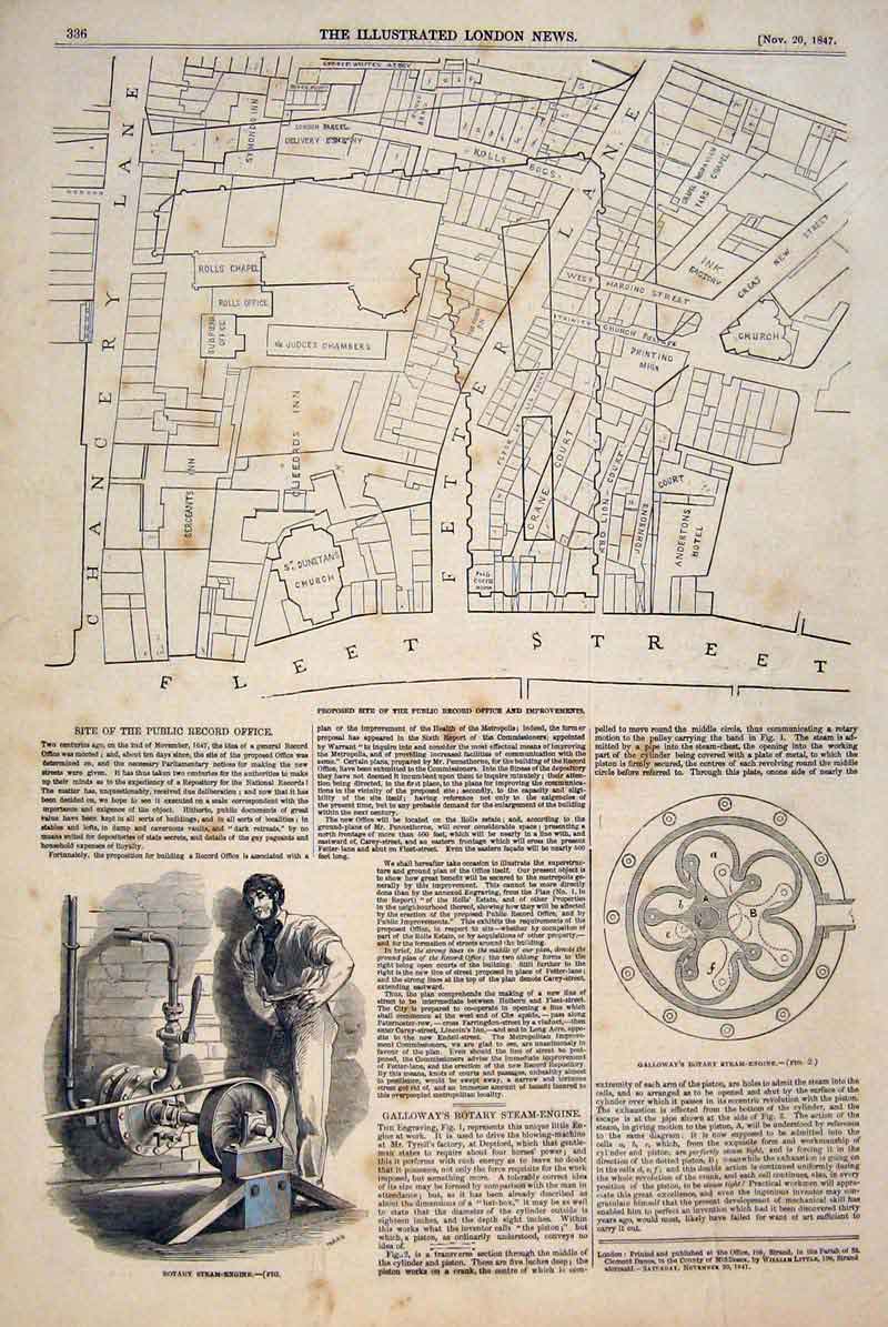 Original Old Antique Print Fleet Street Galloway Steam Engine Rotary 1847 19th
