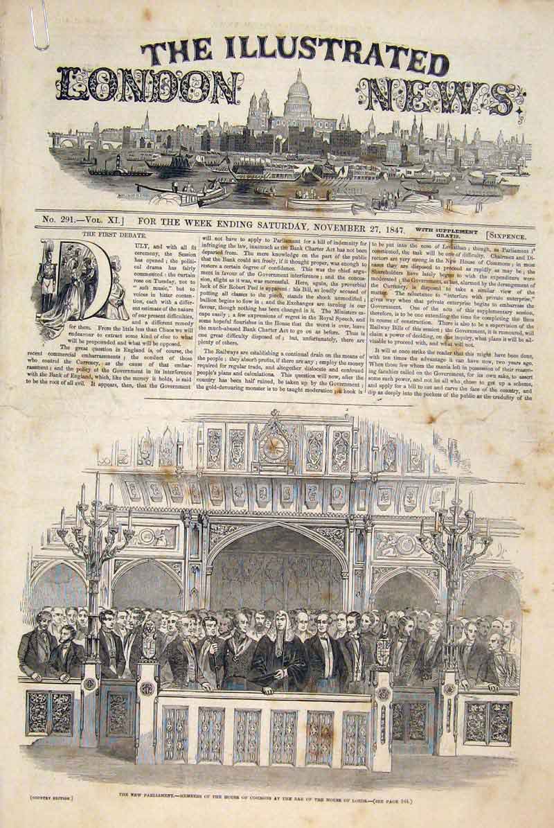 Original Old Antique Print Parliament London House Commons Lords Debate 1847