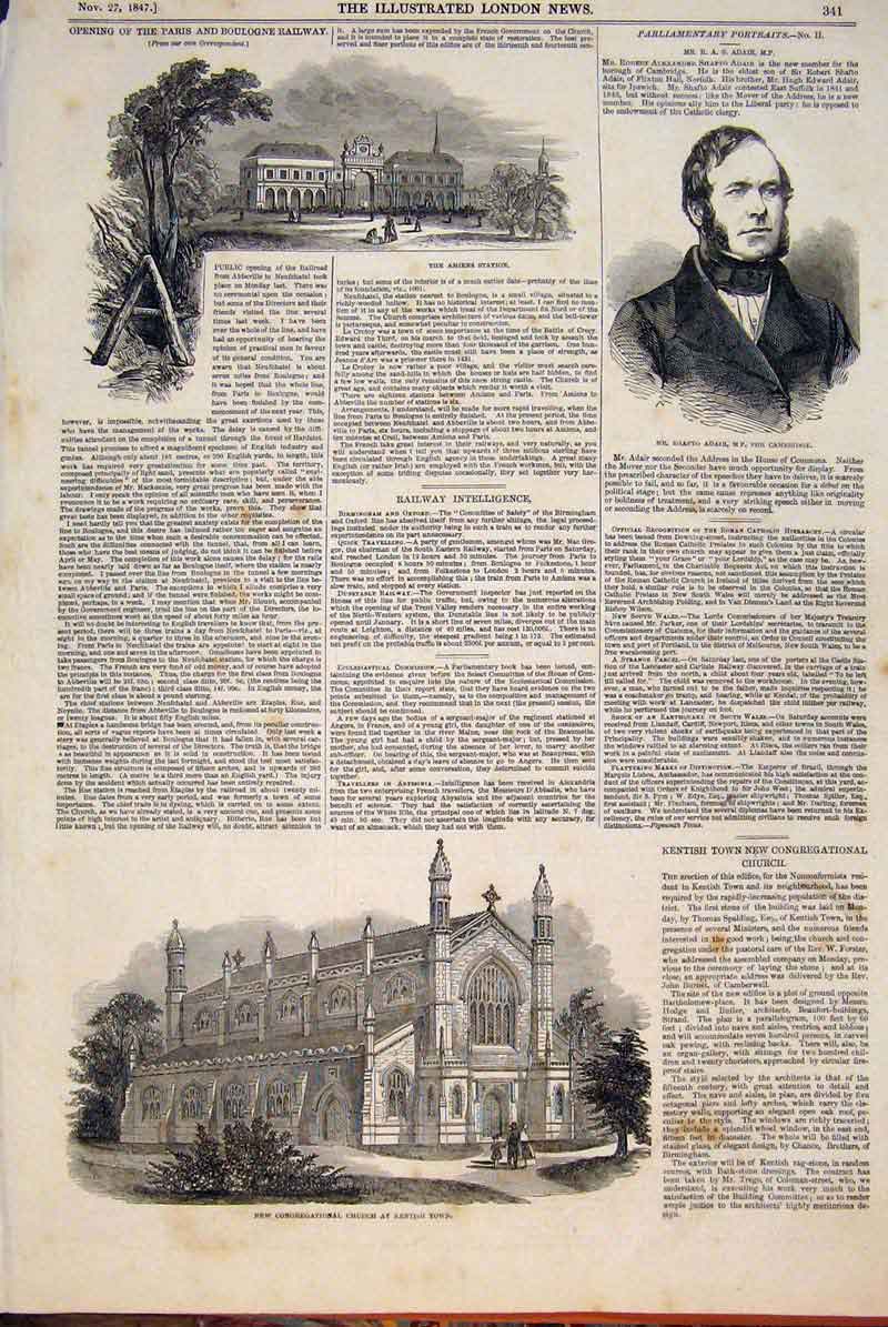 Original Old Antique Print Paris Boulogne Railway Church Kentish Adair 1847 19th