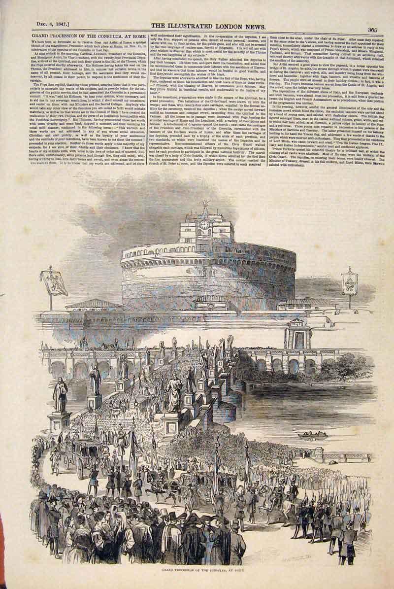 Old Antique Print Grand Procession Consulta Rome Italy River Italian 1847 19th