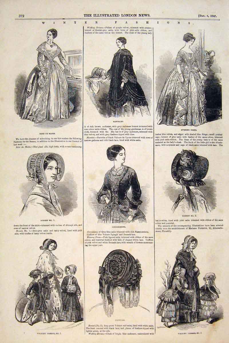 Original Old Antique Print Winter Paris Fashions Dress Bonnet Robe Ladies 1847