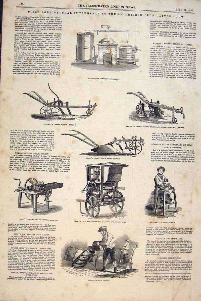Original Old Antique Print Agricultural Implements Smithfield Harrow Plough 1847