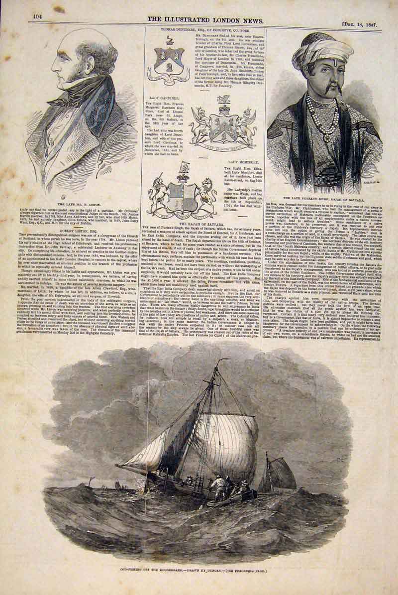 Old Antique Print Portrait Liston Singh Sattara Rajah Cod Fishing Duncan
