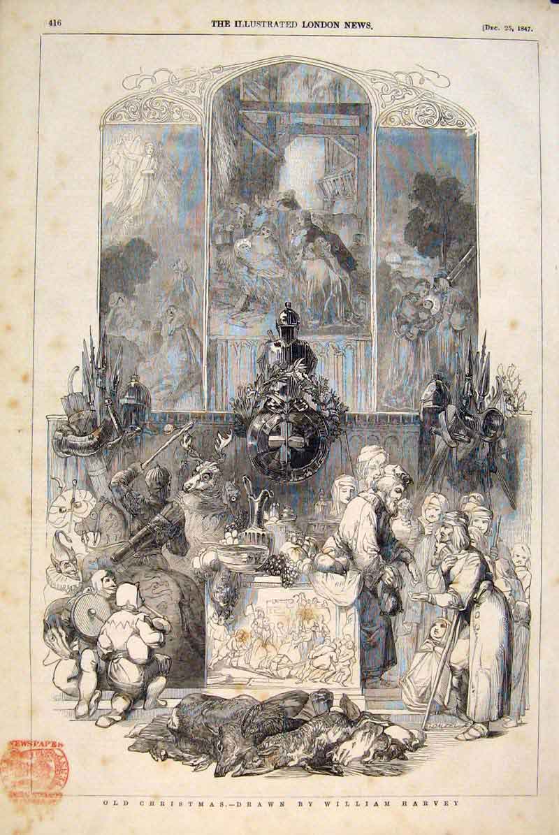 Original Old Antique Print Christmas Harvey Poor Gifts Food Fine Art 1847 19th