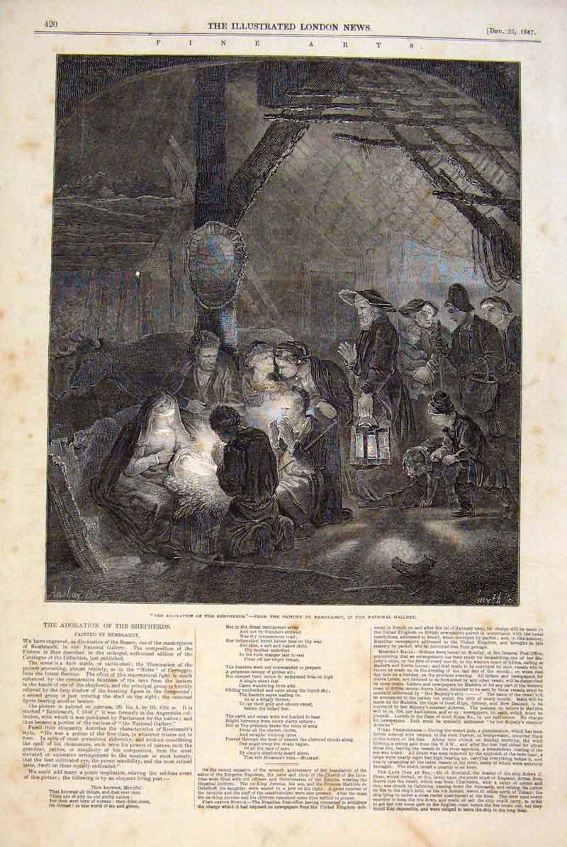 Original Old Antique Print Adoration Shepherds Rembrandt Nativity Fine Art 1847