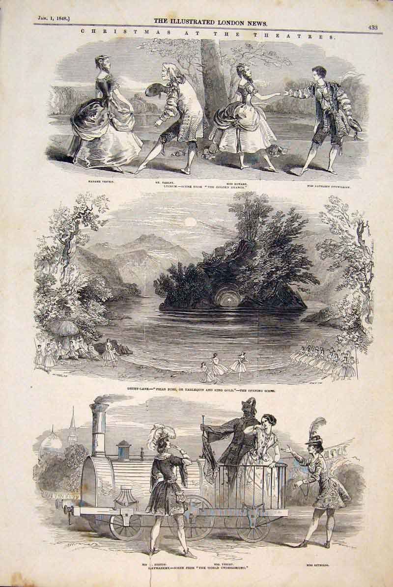 Original Old Antique Print Christmas Theatre Haymarket Lyceum Drury Lane 1847